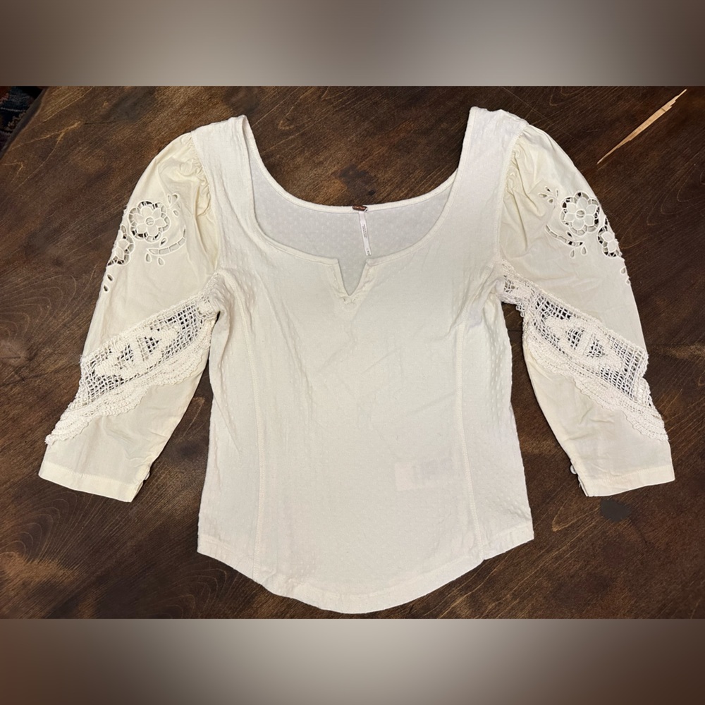 Free People sweetheart neck lace sleeves pointelle top, medium, cream
